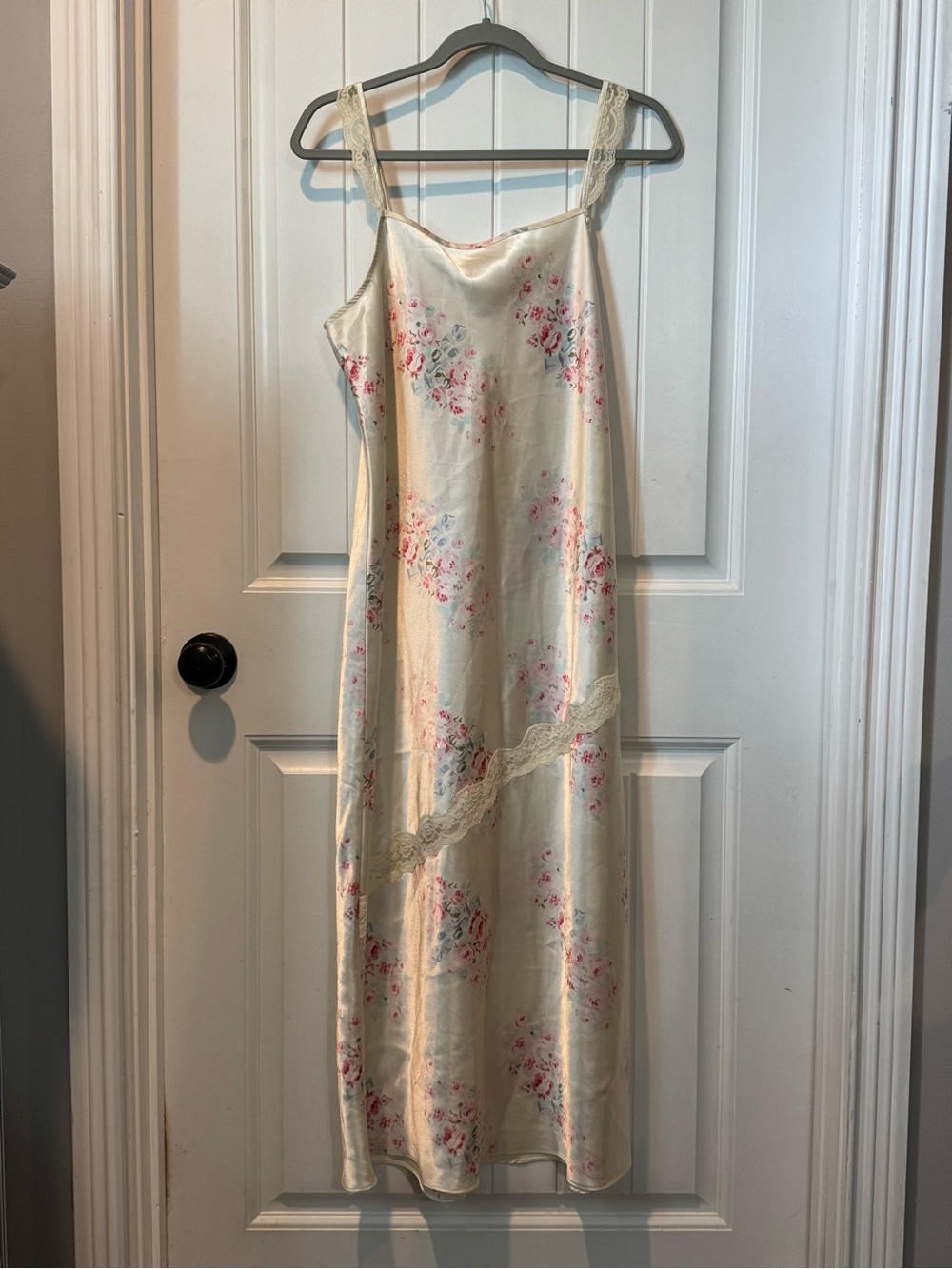 PINKK Vintage Cream Satin Floral Slip Dress Gown